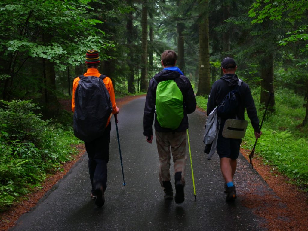 Three friends with backpacks and trekking sticks walk along the road